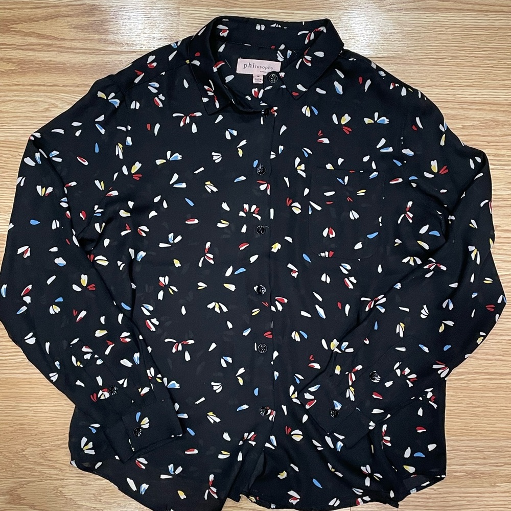 Philosophy Black Patterned Button Down Blouse - image 1